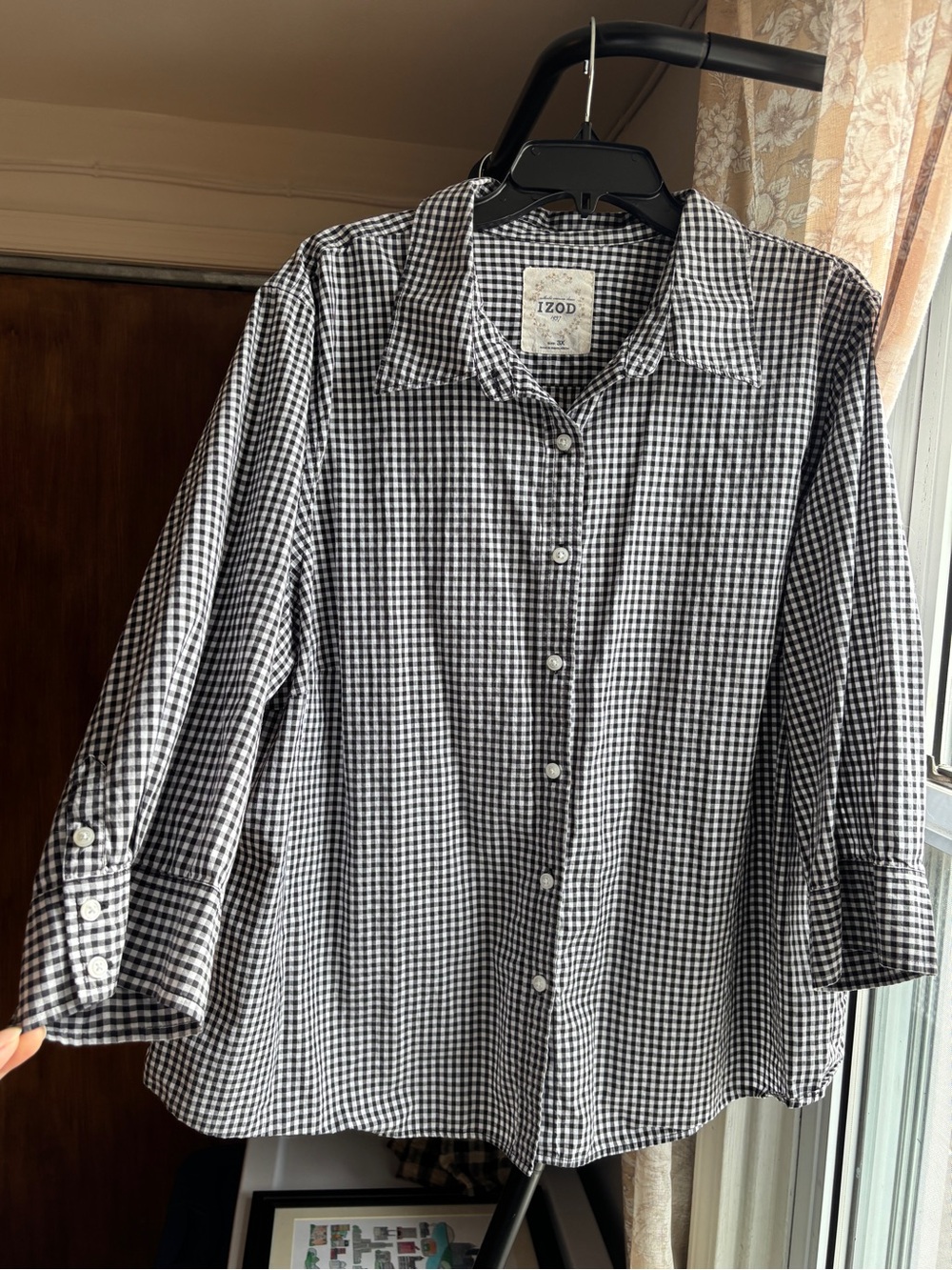 EUC Gingham Black & White 3/4-Sleeve Button-Down IZOD Shirt | Women’s Plus 3X